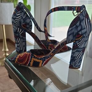 Gianni Bini Multicolor Patterned Ankle-Strap Block Heels